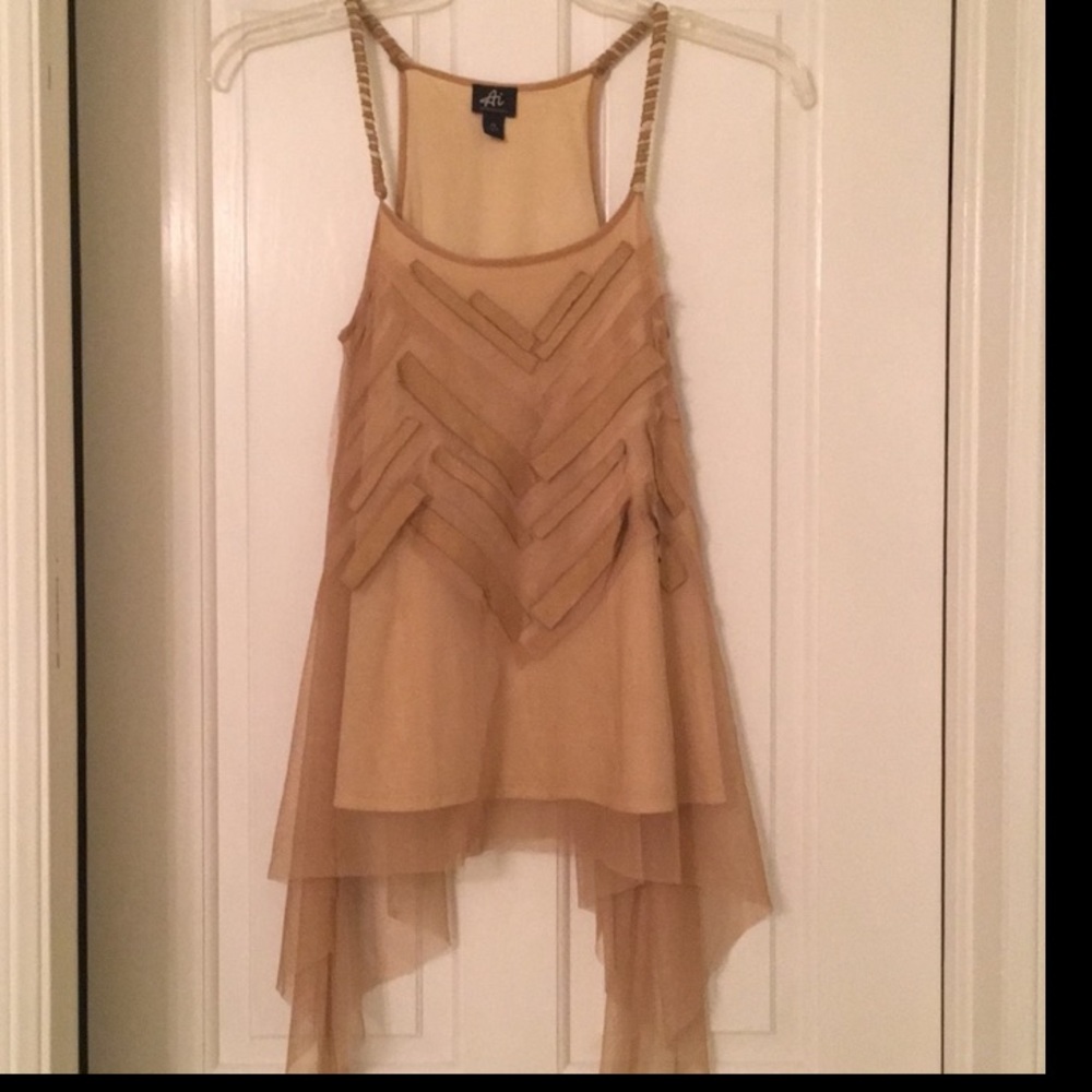 Braided Strap Round Neck Tank Cami Top Neutral Sheer & Lined Flowy Hem - Picture 5 of 5